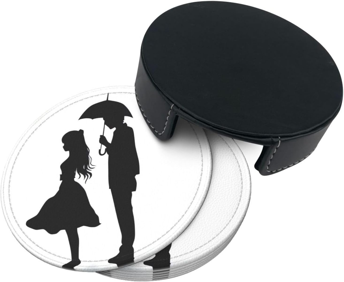 Anime Lovers Silhouette Print Drink Coasters Set of 6 Round Leather Coasters with Holder Waterproof Insulated Coaster Mug Cup Mat for Office Coffee Table Living Room Home Decor image 4