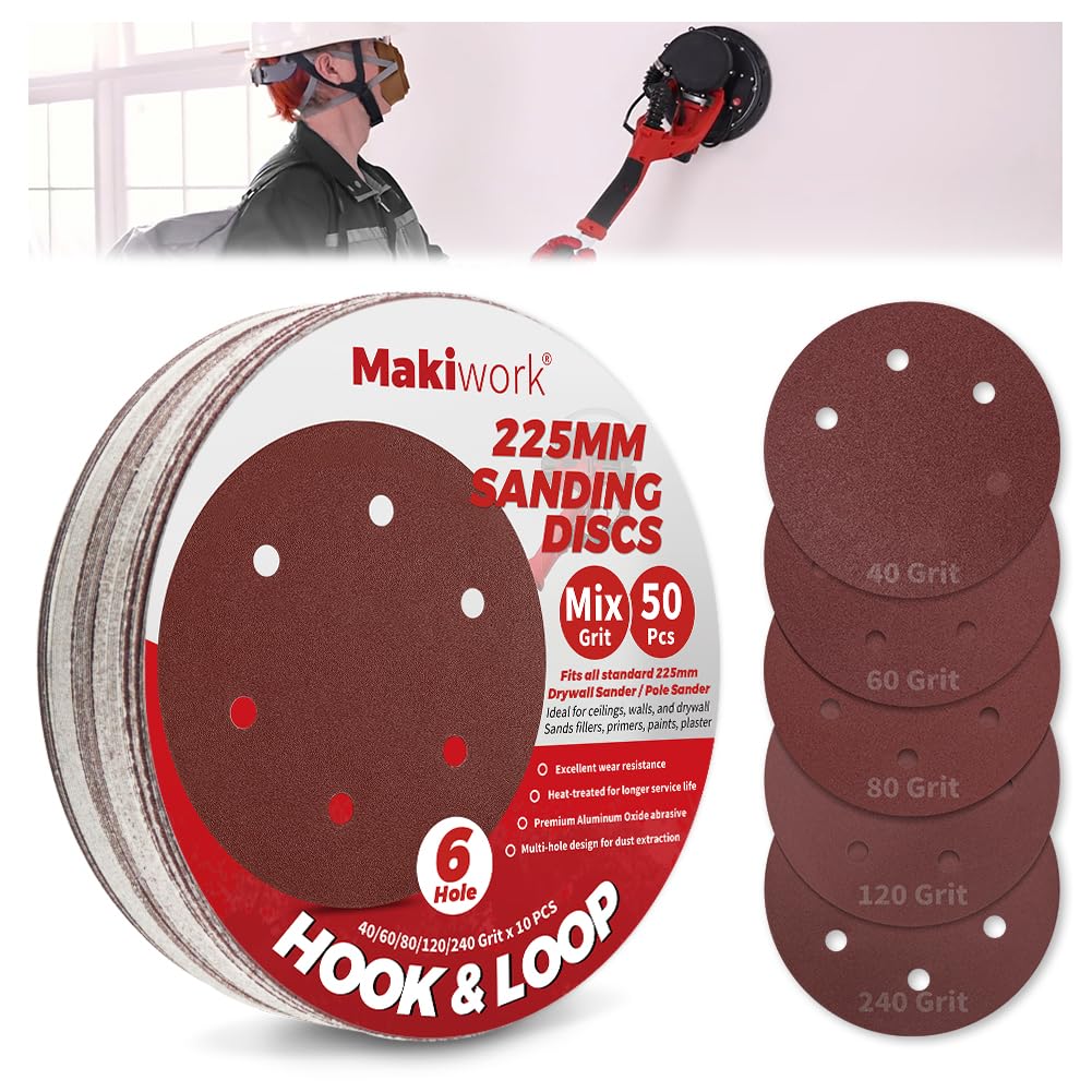 Makiwork 50PCS 225mm 6-Hole Hook & Loop Sanding Discs (40/60/80/120/240 Grit – 10 Each) – Multi-Grit Aluminum Oxide Sandpaper Set for Drywall Sander, Paint Removal, Wood & Metal Surface Prep