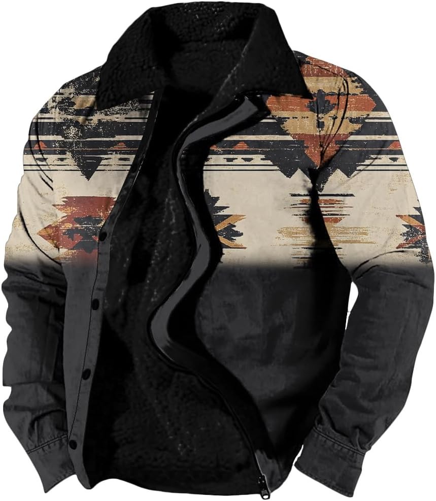 Mens Cowboy Lapel Jackets Winter Warm Sherpa Zipper Western Aztec Jacket for Men Ethnic Vintage Fleece Outwear Coats