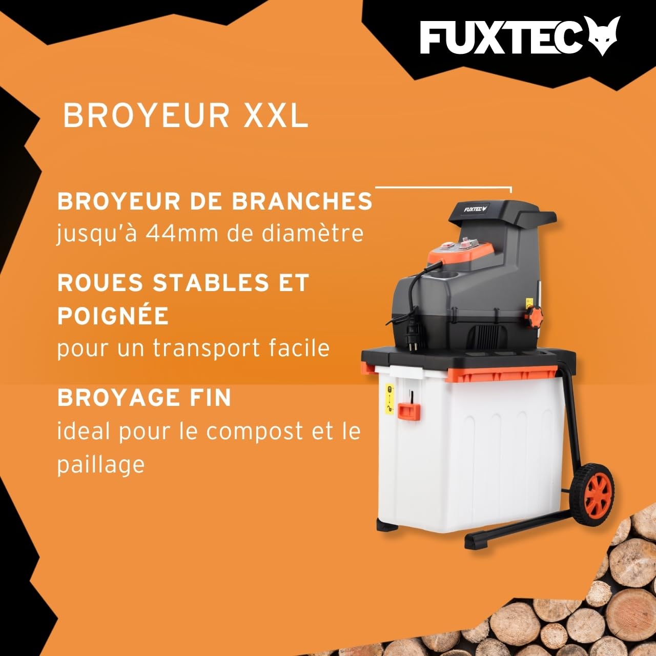 FUXTEC Broyeur de végétaux électrique FX-EGH2800B – 2800 W, système de Coupe à Rouleaux Silencieux – Bac 60 L, Coupe Jusqu’à 44 mm, Marche Avant/arrière, Protection IPX4