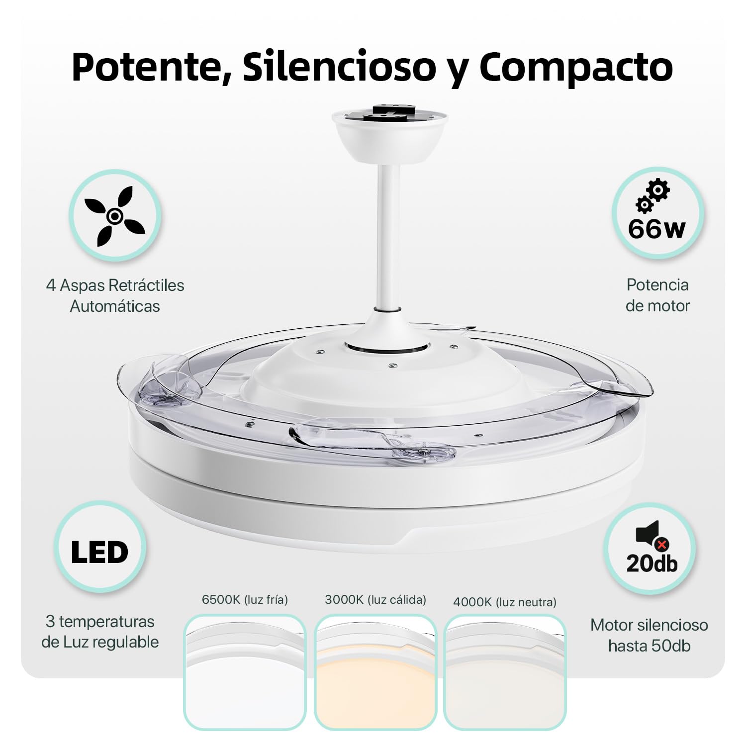 Ventilador con Luz LED 66W + Motor DC 30W, 8280 lm, con mando, Ultra Silencioso con Motor DC, 6 velocidades, aspas retráctiles, 3 temperaturas de luz, función verano-invierno (Blanco Liso)