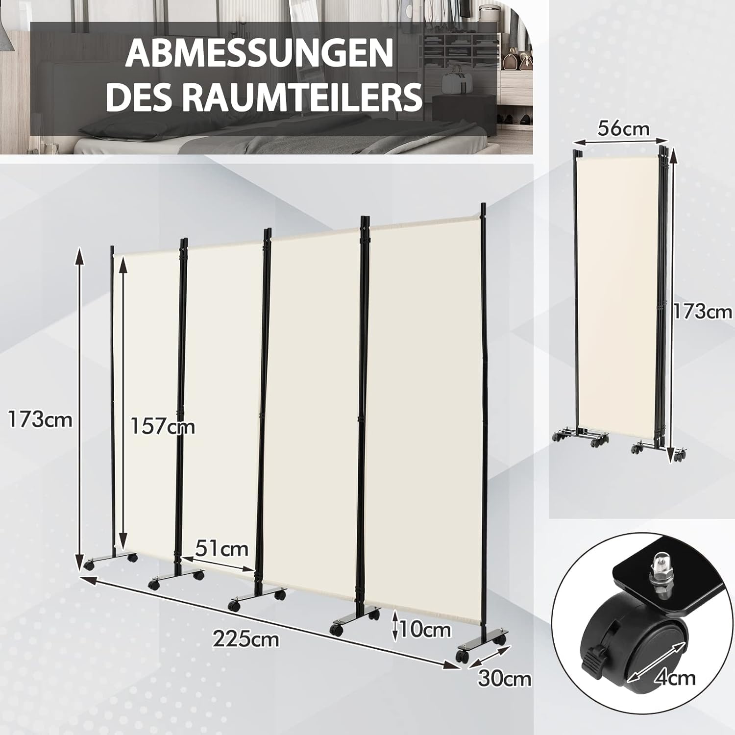 FANTASK 225 x 173 cm Paravent 4 Panneaux de séparation Pliable