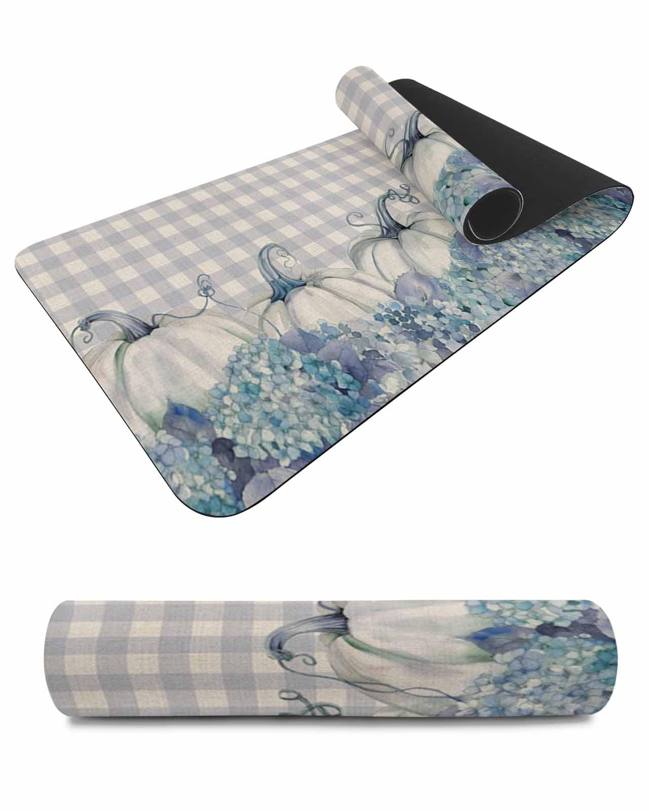 Debedcor Heat Proof Table Pads Waterproof Decorative, Fall Pumpkins Floral Non-Slip Table Countertop Protector, Thanksgiving Purple Plaid Insulation Mat for Dining Room, 48 x 12 Inches