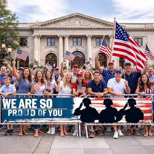 Image of BlissYard 4th of July Banner 118 x 20 Inch We Are So Proud of You Backdrop Patriotic Banner for Outside American Flag Military Banner for Yard Fence Porch Welcome Home Decorations
