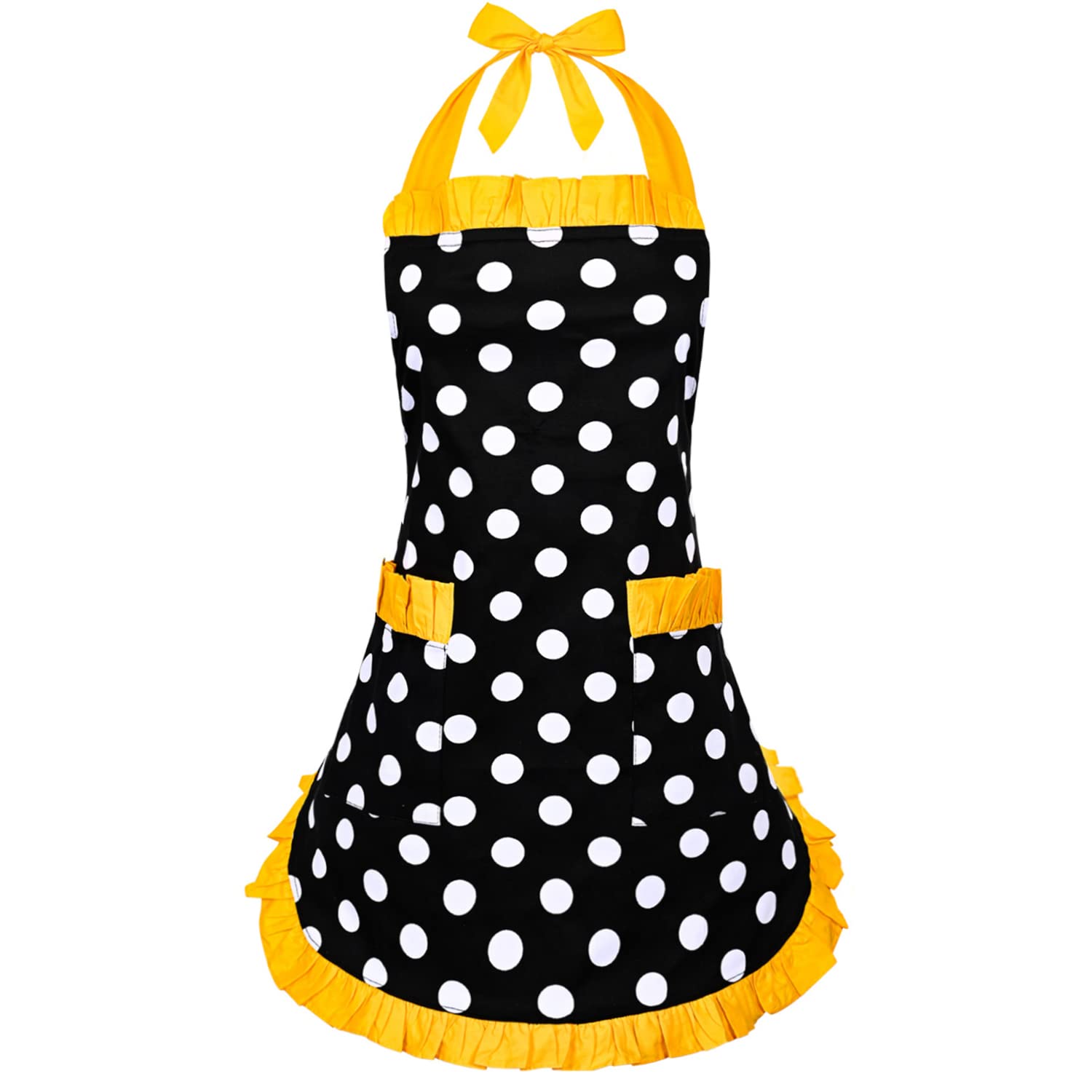 Violet Mist Cute Sweetheart Vintage Apron for Women Girls Polka Dot Retro Stylish Apron Sexy Black Dress 50s Aprons Lace Ruffle Adjustable Neck Strap Flirty Aprons Halloween Christmas Mothers Gifts: Yellow