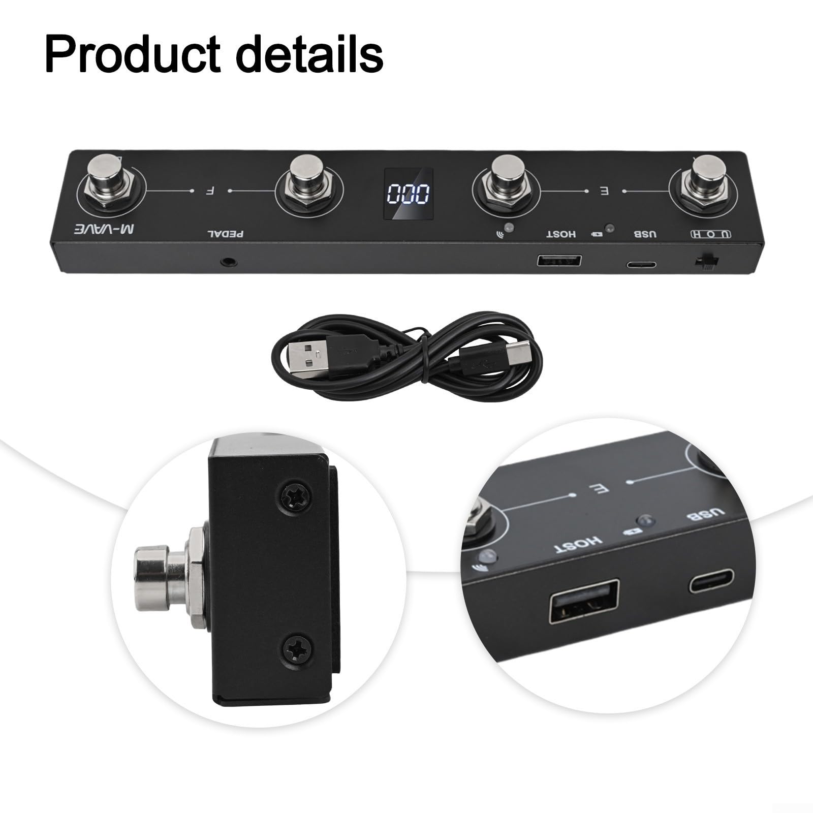 Controller MIDI-Footswitch ricaricabile a 4 pulsanti per M-VAVE Chocolate Plus, pedale BLE wireless USB con batteria da 300 mAh, compatibile con app Page-Turner (nero)