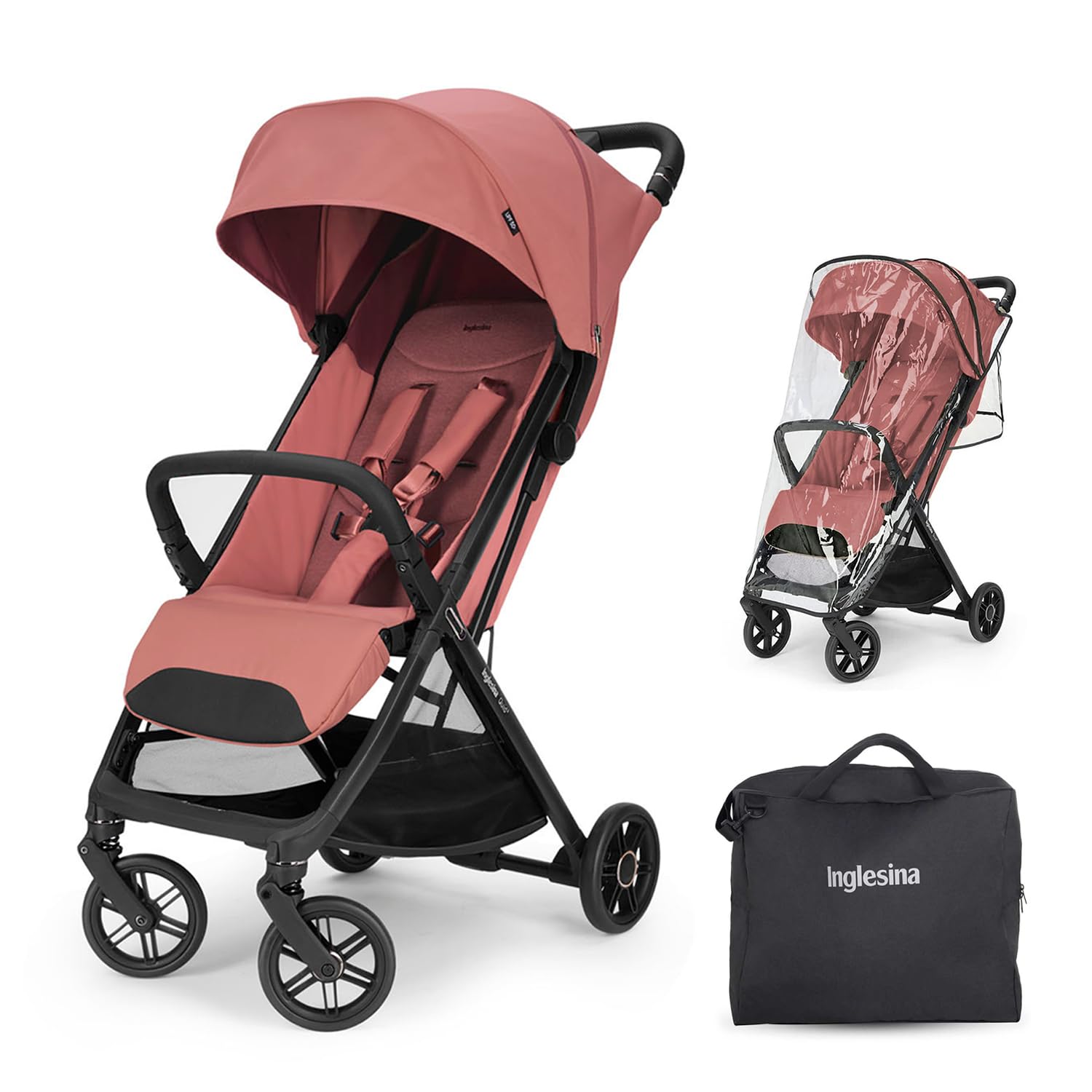 Inglesina Quid 3 Travel Stroller - Aurora Pink | Travel Stroller for Airplane, Umbrella Stroller for Baby & Toddler 0-55 lbs, Car Seat Compatible w/Carry Bag, Wheel Covers & Raincover - Bundle Kit
