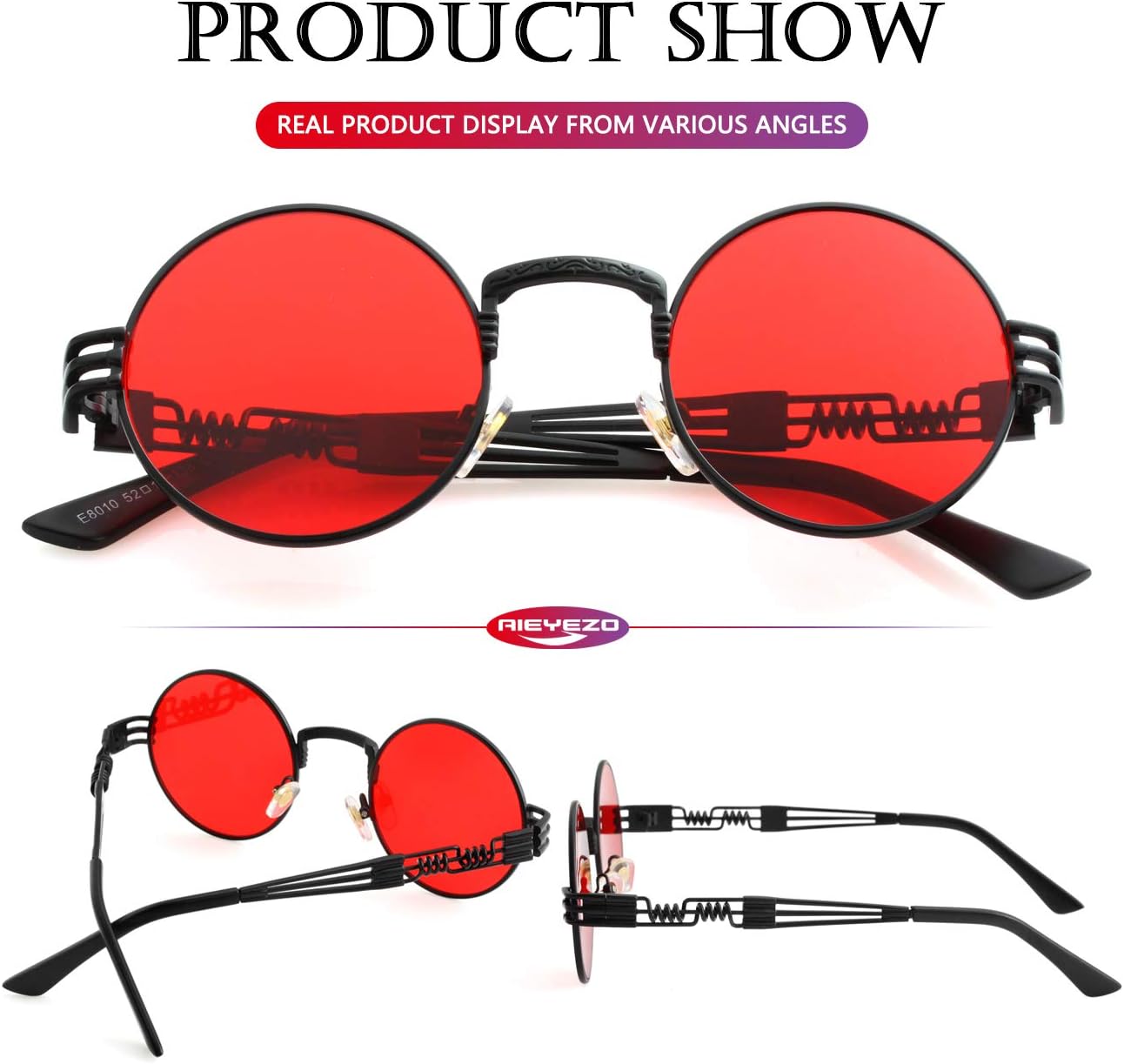 AIEYEZO Round Steampunk Sunglasses for Men Women Retro Circle Hippie Glasses Metal Frame 100% UV Blocking Lens - Image 5