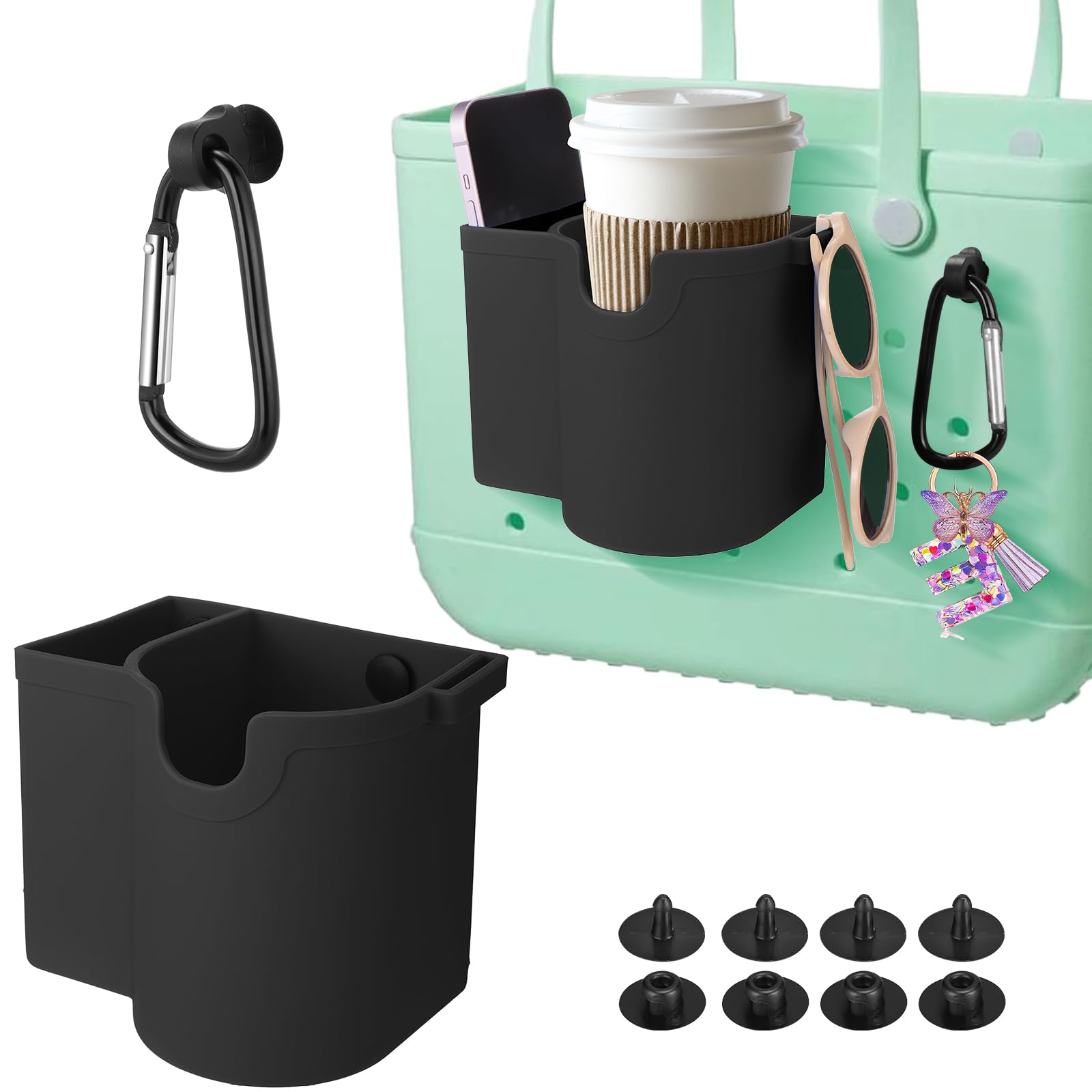 3 in 1 Cup Holder for Bogg Bag - Silicone Holder with Key Holder for Beach Tote Accessories, Insert Charm Organizer Storing Phone/Tumbler/Keychain?Accessories for Bogg Bag/Simply Southern Bag Black