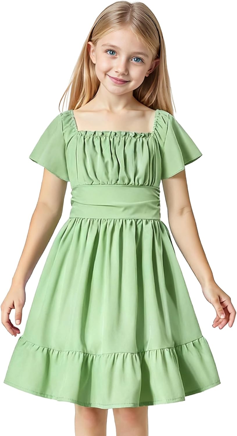 Magic Park 4-15Y Kid Flutter Sleeve Dress Square Neck Tie-Back Dresses Off Shoulder Dress Tween Girl Solid Color A-line Skirt