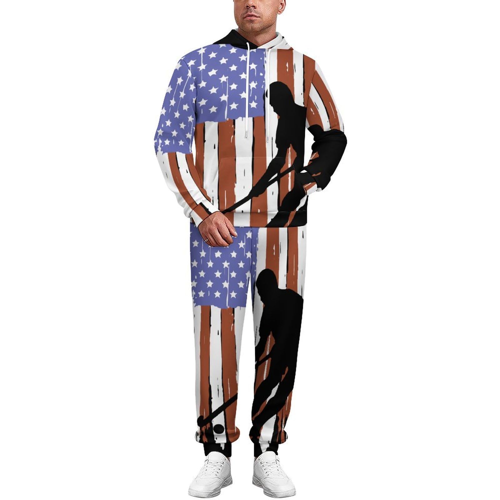 Tuta da hockey su prato con bandiera degli Stati Uniti per gli uomini a maniche lunghe felpa con cappuccio e pantaloni della tuta Set di tute alla moda