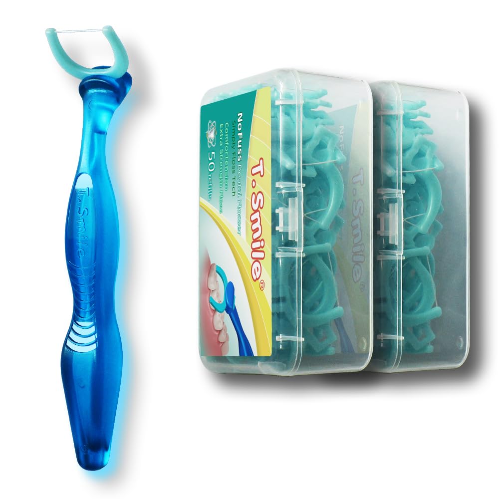 T Smile NoFuss Dental Flosser Kit 5-inch Long Handle Refill Heads Extra-Strength Floss for Comfortable Clean Fluoride Free