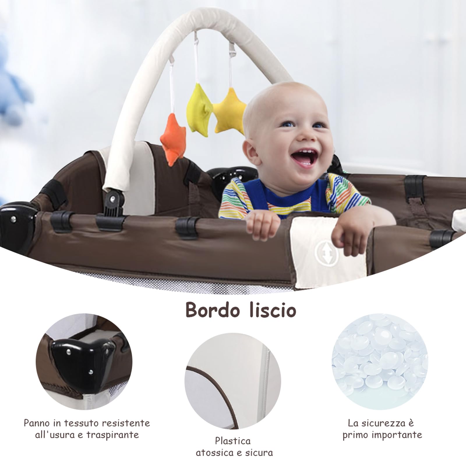 COSTWAY Lettino da Viaggio, Lettino da Campeggio per Bambini Culla Neonato, Incluso Materasso + Accessori, 125 x 66 x 77 cm (Marrone)