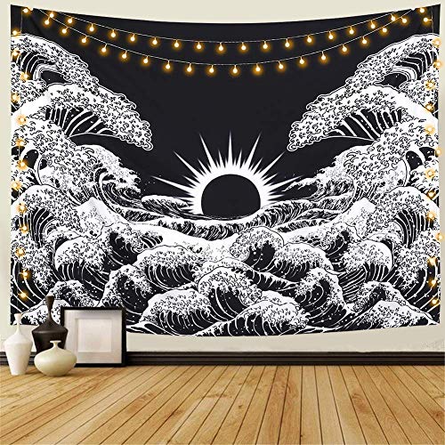 Dremisland Tapiz de Pared Gran Ola Kanagawa Tapiz Mandala Colgar en la Pared Tapicería Tapiz de pared Blanco y Negro Océano Tapestry Tela Decoración para Sala Estar Dormitorio (M/130X150cm)