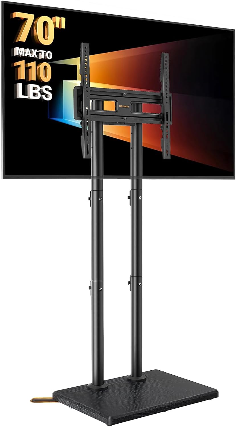 Perlegear Universal Floor TV Stand for 32–70" TVs up to 110 lbs, Height-Adjustable Tall TV Stand with Solid Wood Base & Extra-Stable Anti-Tip Feet, Swivel TV Mount for Bedroom, VESA 400x400, PGFLS34B