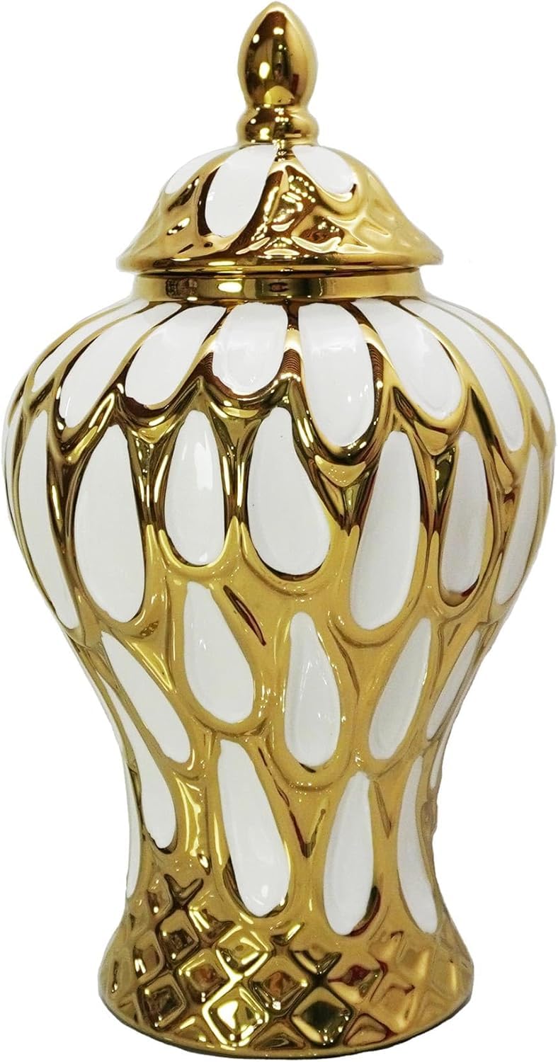 Vase Tabletop Stunning White Gold Ceramic Ginger Jar Decorative Storage