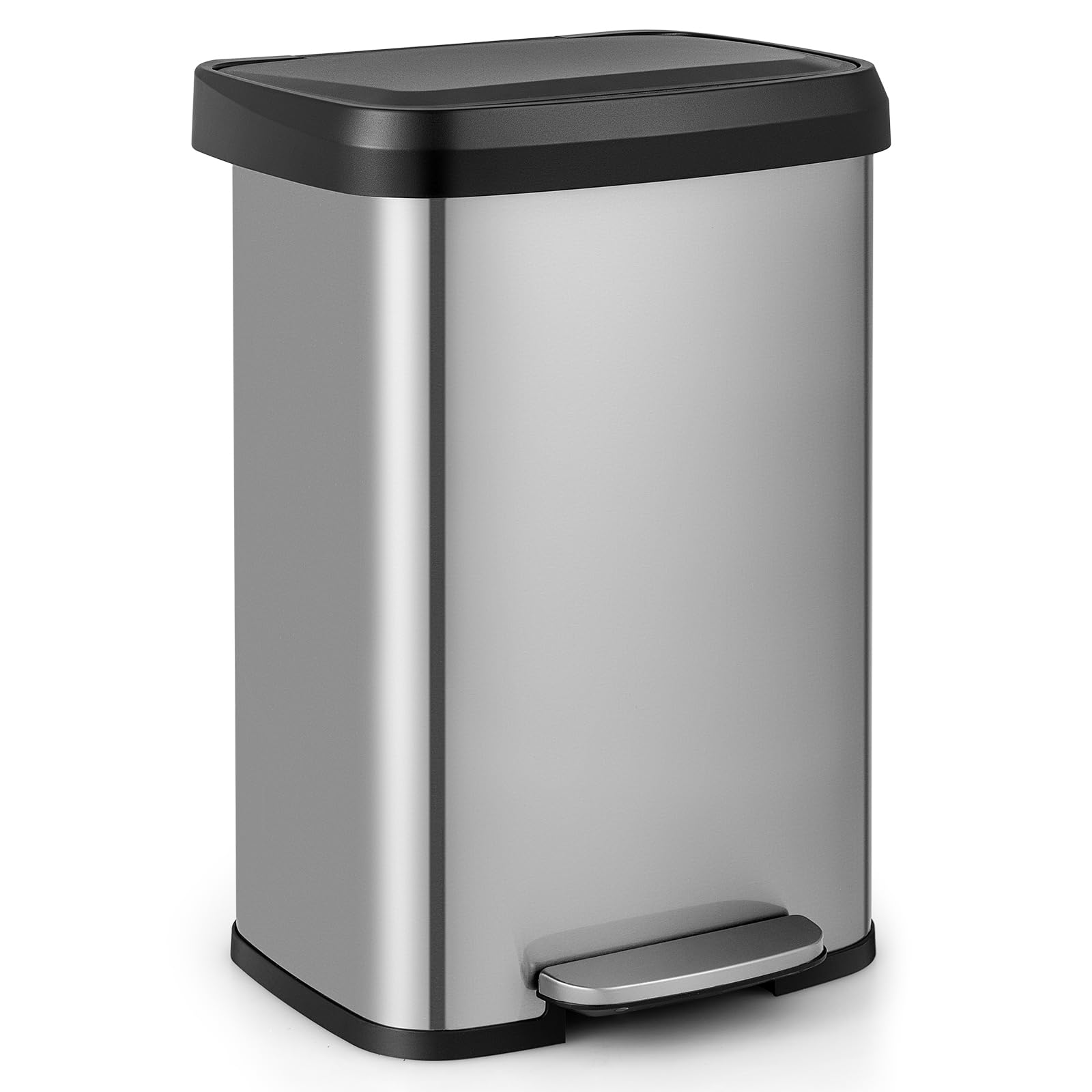 GOPLUS Abfalleimer Edelstahl, 50L Treteimer mit sanft schließendem Deckel, Griffe & Metallpedal, Mülleimer geruchsdicht für Küche, Bad & Wohnzimmer, Silber