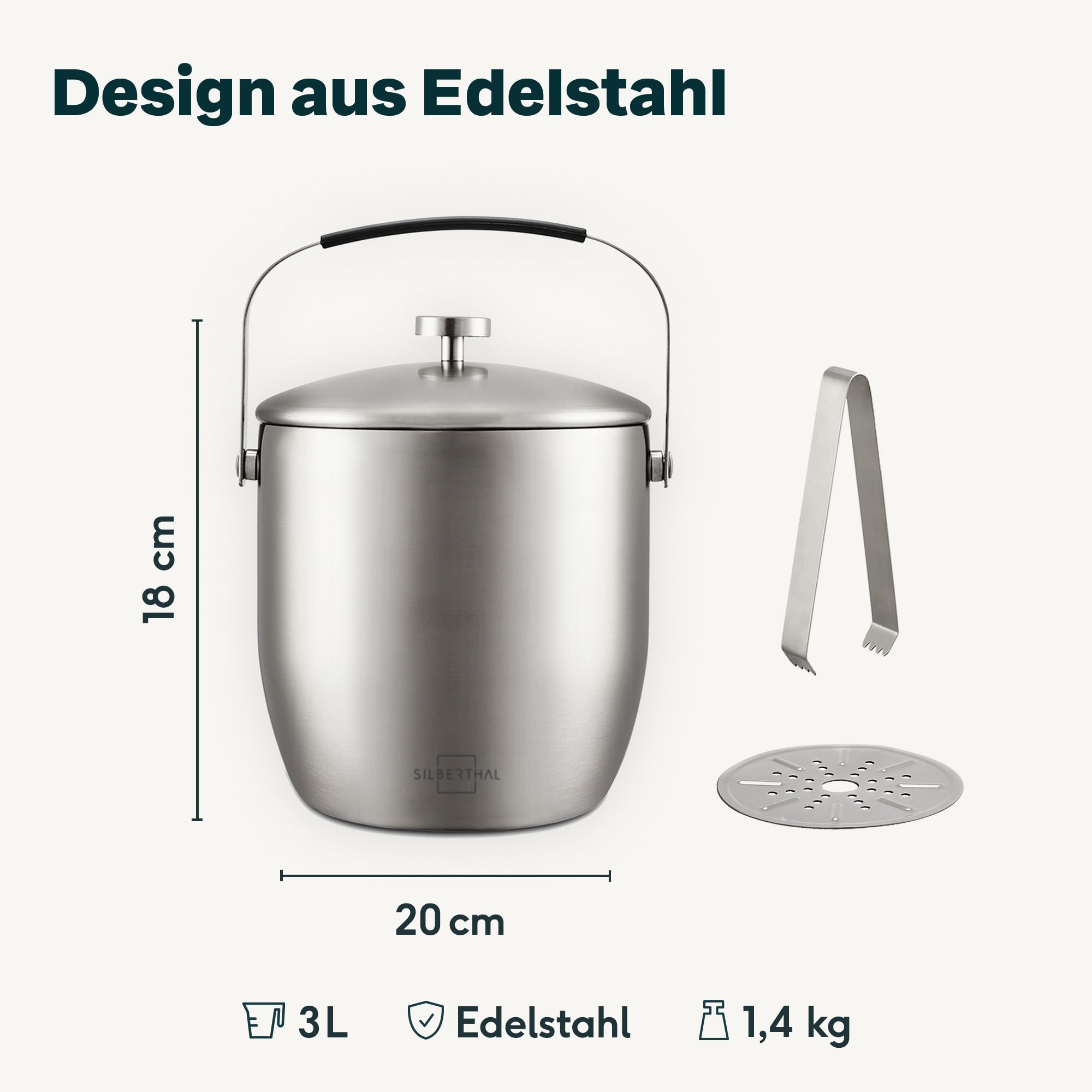 SILBERTHAL Eiswürfelbehälter Edelstahl 3L – Doppelwandig Isoliert – Eisbehälter mit Deckel & Zange – Eiskübel Ice Bucket für Cocktails, Wein, Sekt & Alkoholfreies – Weinkühler Flaschenkühler