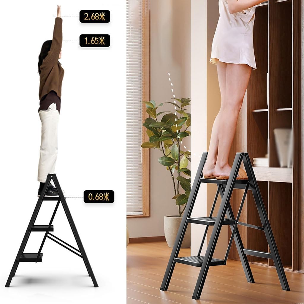 Multi-Purpose Folding Step Ladder Chair - Sturdy Carbon Steel Frame, 2/3 Layer Storage Rack & Flower Stand, No Assembly Required, Perfect for Bedroom & Library Use (Black, 68x61x68