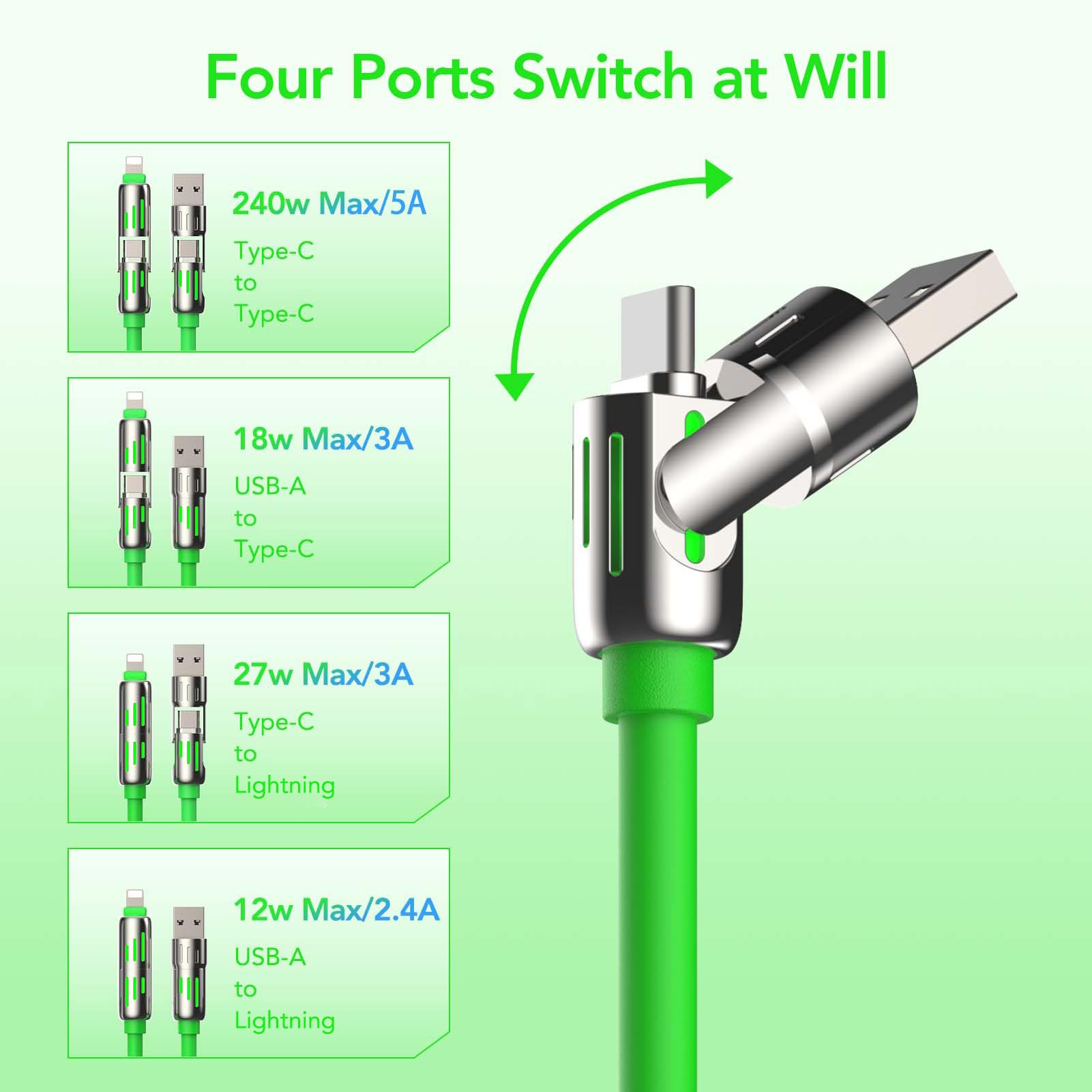 MFish 4-in-1 Universal Multi USB Charging Cable – 240W Max Fast Charger Cord with Multiple Connectors for iPhone 16/15/14/13, iPad, Samsung, MacBook, Tablets & More (Green, 6.6Ft)