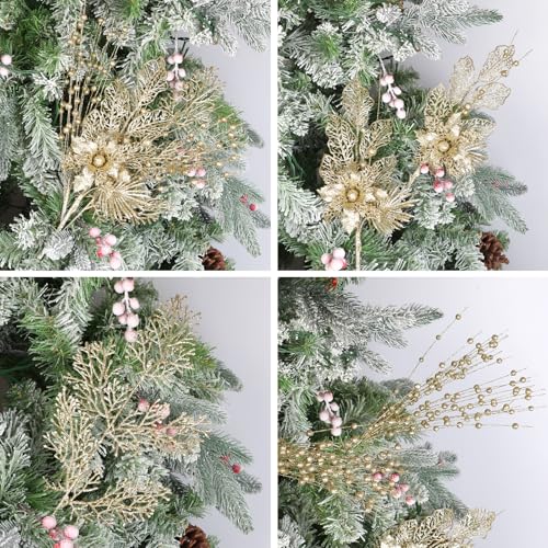 UXORSN 28 Pack Gold Christmas Tree Decorations Artificial Glitter Berry Flowers Stems Branches Christmas Foliage Picks Xmas Tree Ornaments Floral Twig Sticks for Vase Holiday Wedding Party Decor - Image 4
