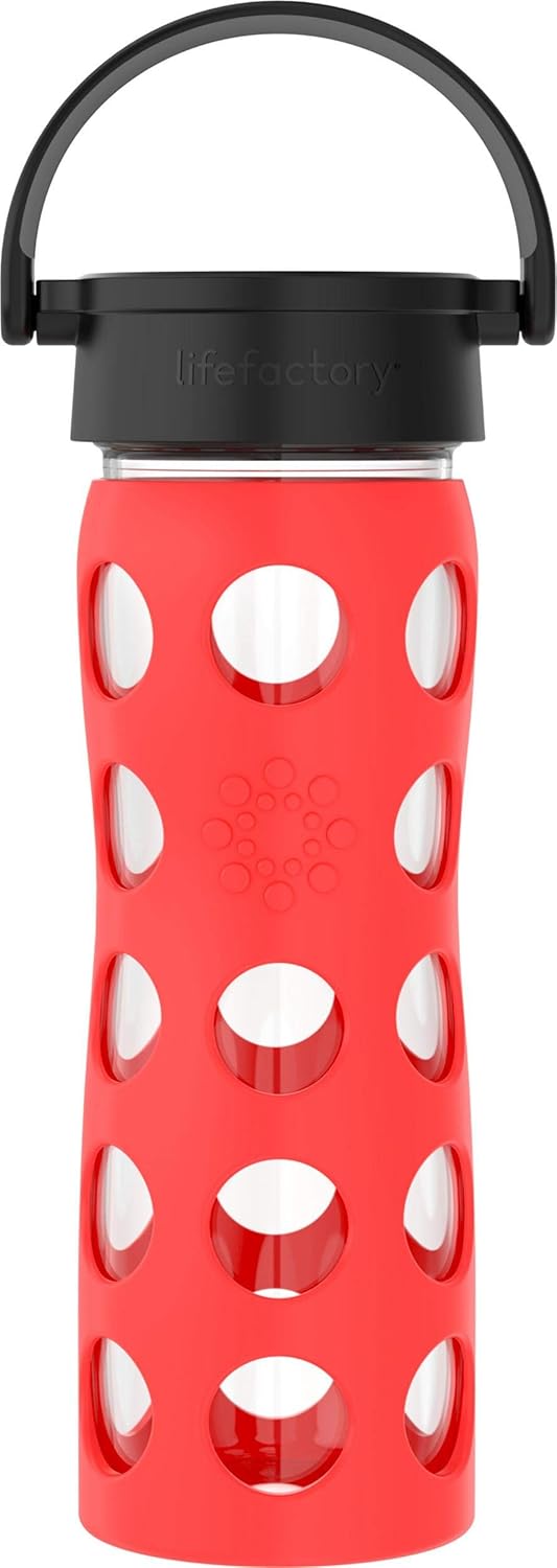 Lifefactory 16-Ounce BPA-Free Glass Water Bottle with Classic Cap and Protective Silicone Sleeve, Poppy