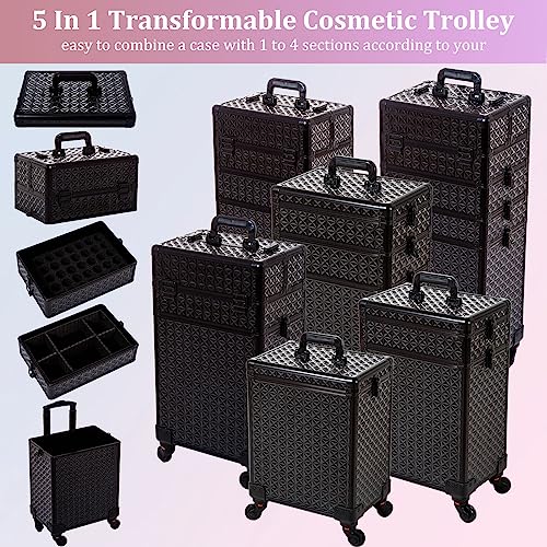 Arous 5 In 1 Professional Makeup Train Case Aluminum Cosmetic Case Rolling Makeup Case Extra Large Trolley Makeup Travel Organizer thumb #2