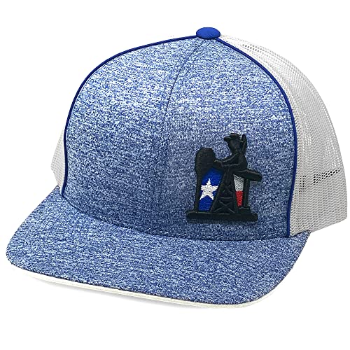 Oil Field Hats Pumpjack Cowboy Adjustable Mesh Back Snapback Hat (PJ Cowboy - Heather Blue/TX Flag/White) Oil Field Hats Pumpjack Cowboy Adjustable Mesh Back Snapback Hat (PJ Cowboy - Heather Blue/TX Flag/White)