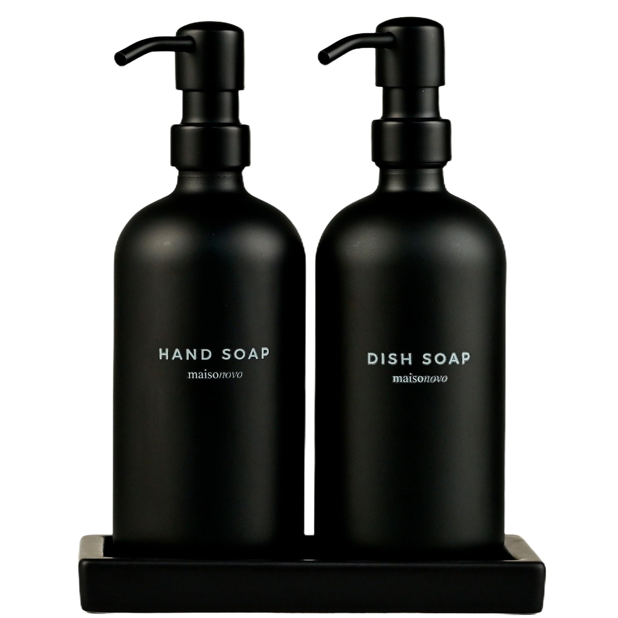 Maisonovo Black Bottles Black Pumps + Black Ceramic Tray Black Soap Dispenser Bathroom - Soap Dispenser Set With Black Soap Dispenser, Black Pumps & Ceramic Tray