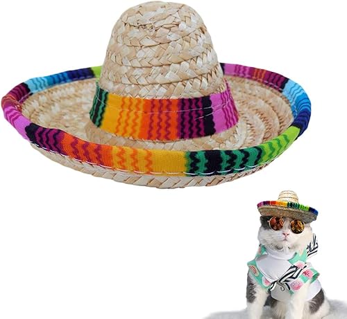 Bettli Sombrero para perro, sombrero mexicano para gatos, mini paja con adorno multicolor, sombreros de fiesta para mascotas pequeñascachorrosgato