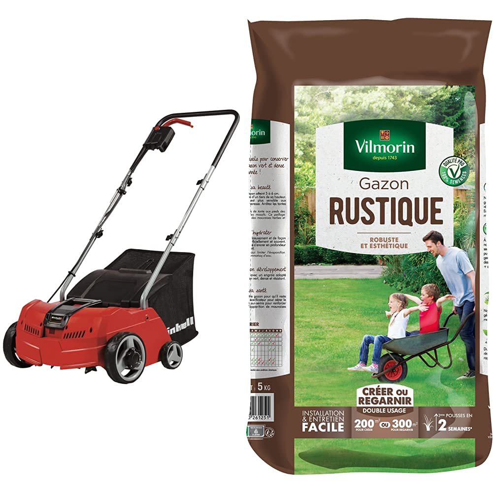 Einhell Scarificateur/aérateur électrique GC-SA 1231/1 (jusqu'à 300m², 1.2 kW, bac de ramassage de 28L) & Vilmorin 4460416 Gazon Rustique, Vert, 5 kg