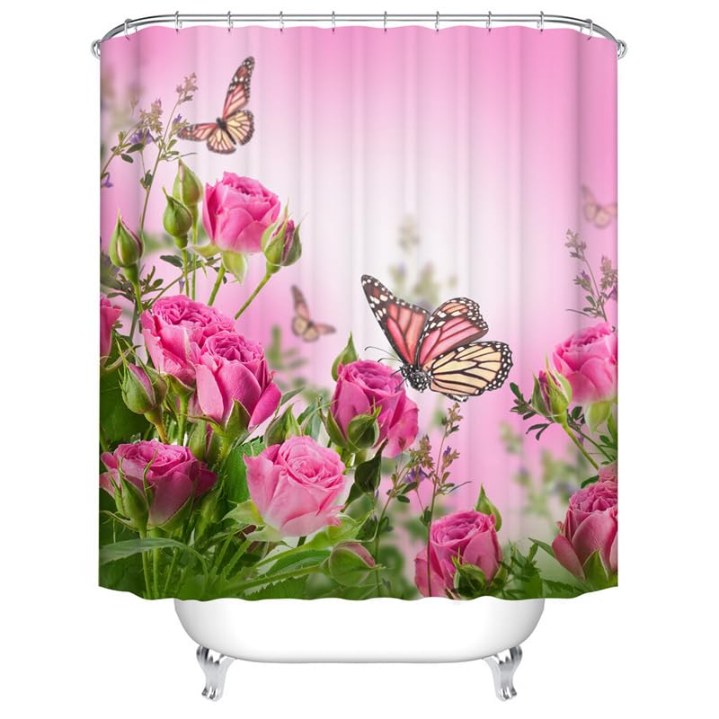 Pink Roses Butterfly Floral Shower Curtain, Romantic Pink Blossom Rose Flower Spring Nature Scenery Bathroom Curtain for Girls Women