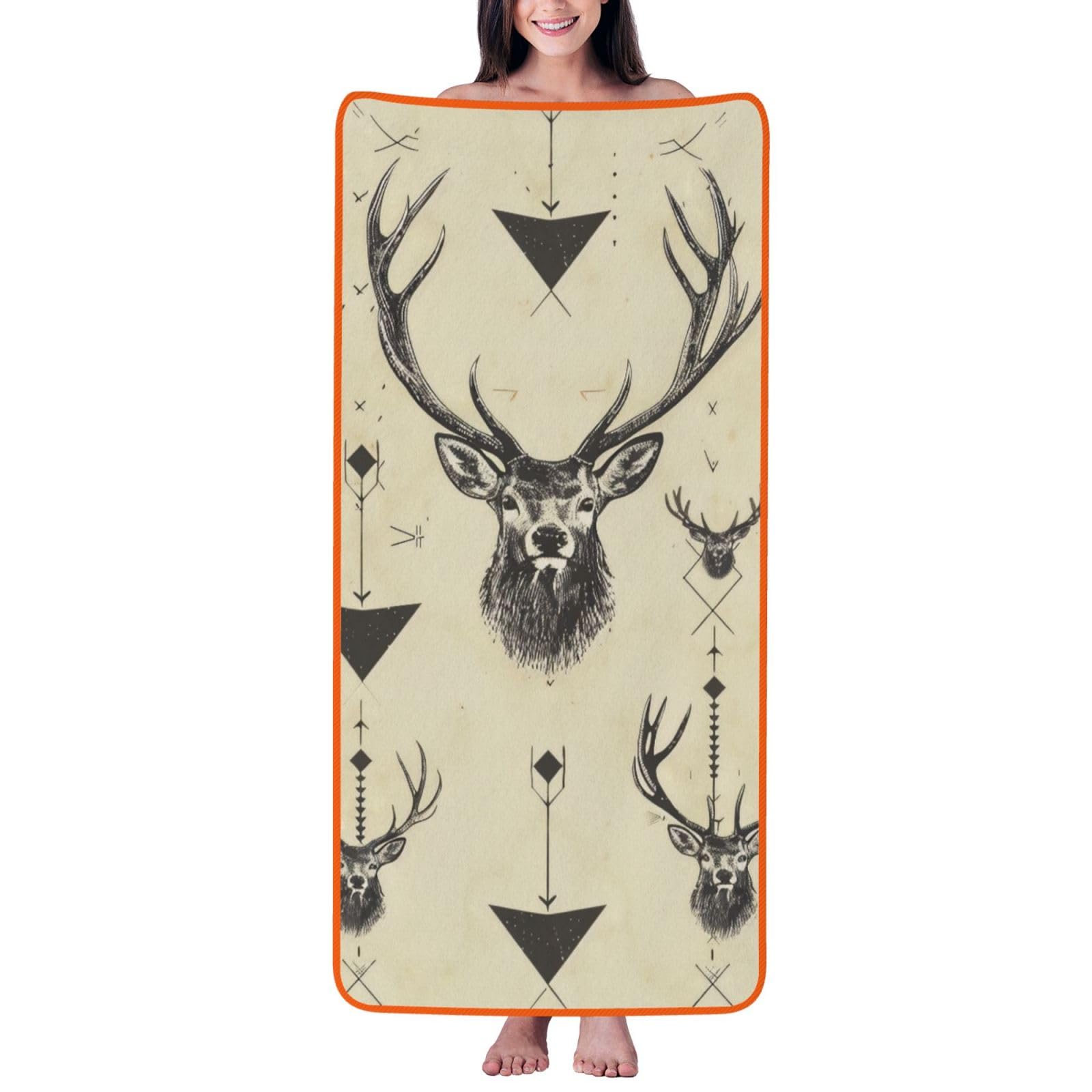 WPKJU Hunting Arrows Triangles Deer Printed Bath Towel with Orange Edging - 27x55 in Soft Extra Absorbent Coral Velvet Shower Towels for Bathroom