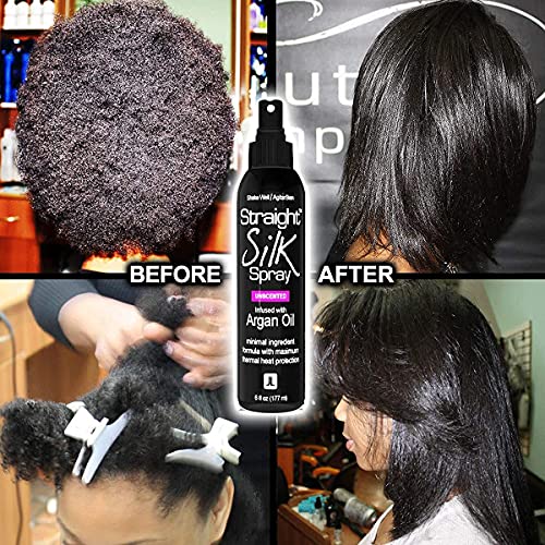 Silk Press Kit - Straight Silk Spray With Moroccan Argan Oil Heat Protector With Hair Straightener & Detangler Comb | Alcohol-Free | Heat Protectant Up To 450°F | Flat-Ironing Blow-Drying | Unscented #TOP6