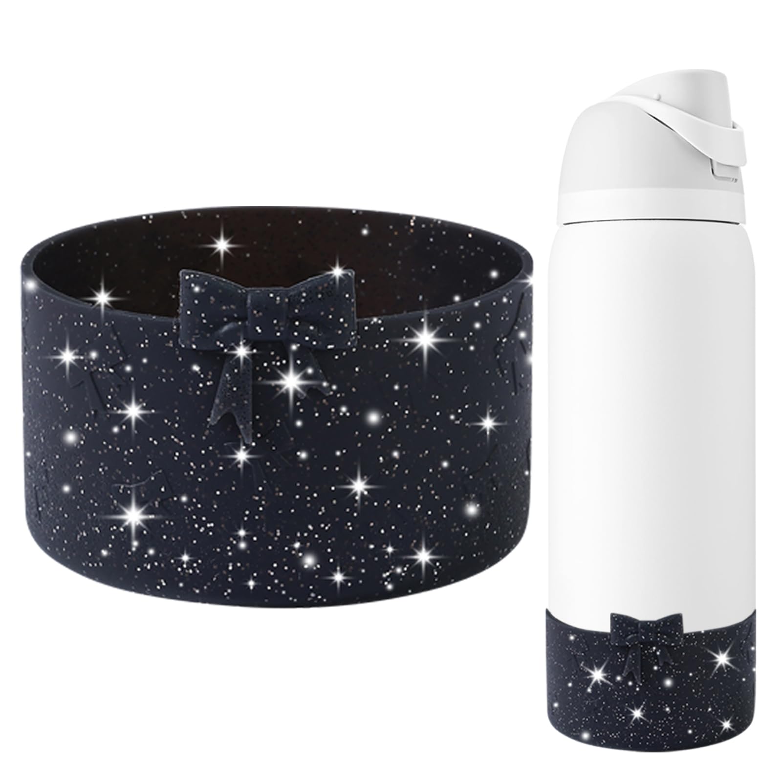 GAISHION Glitter Silicone Bow Boot Compatible with Owala 32 oz Water Bottles,Protective Sleeve Anti-Slip Bottom Bumper for FreeSip, Twist, and Flip Stainless Steel Water Bottles Accessories-Black