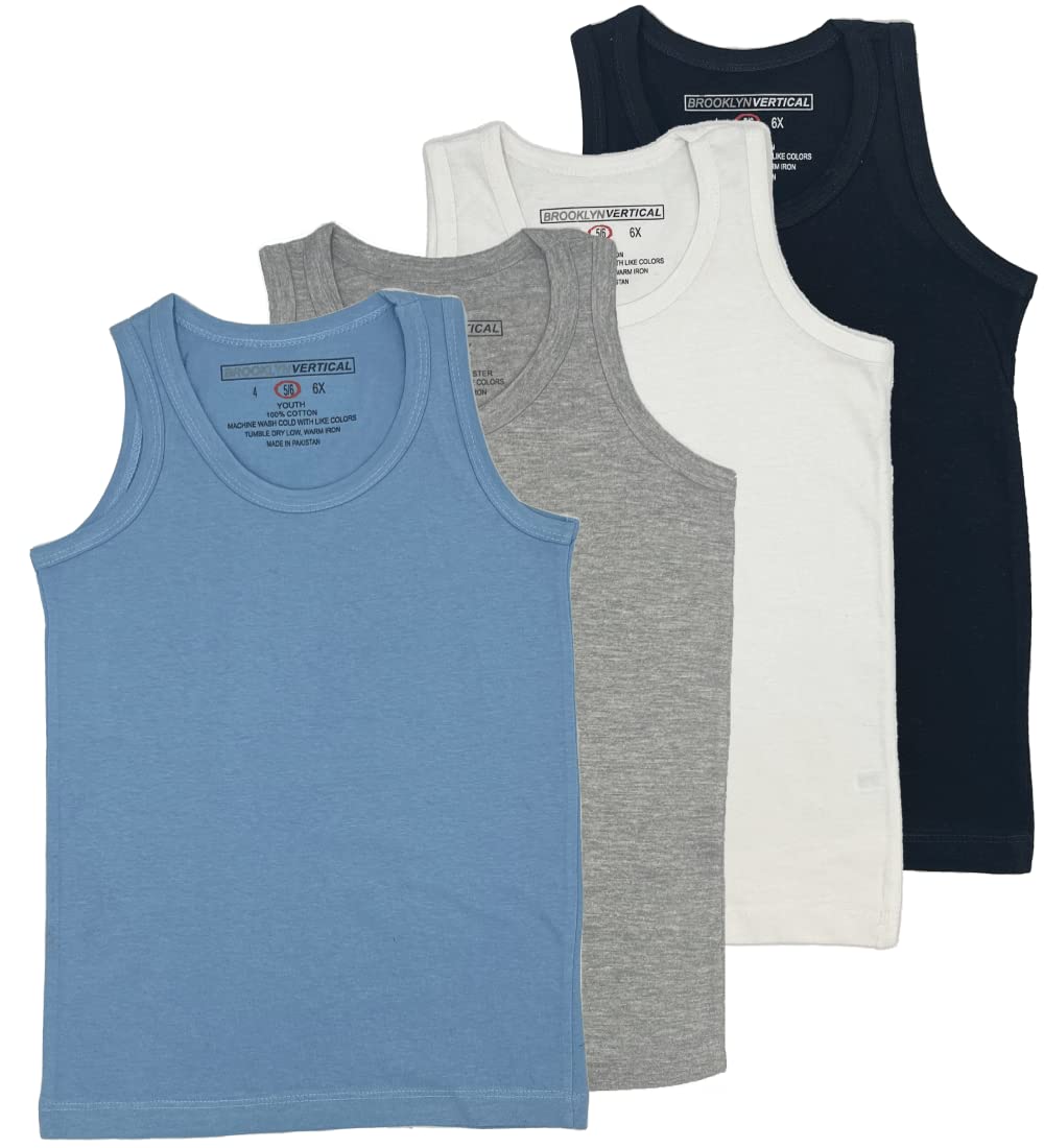 BROOKLYN VERTICAL Boys 4 Pack Undershirt Tank Top - Tagless Cotton Super Soft Runs Small