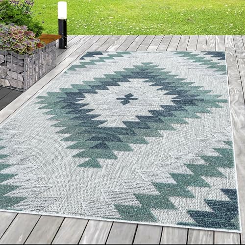 HomebyHome In & Outdoor Wetterfest 200x300 (200x290 cm) Blau, Zickzack Design 3D Effekt - Balkon Teppich Wasserfest, Kurzflor, Flachgewebt - Ideal für Küche, Garten, Camping und Terrasse