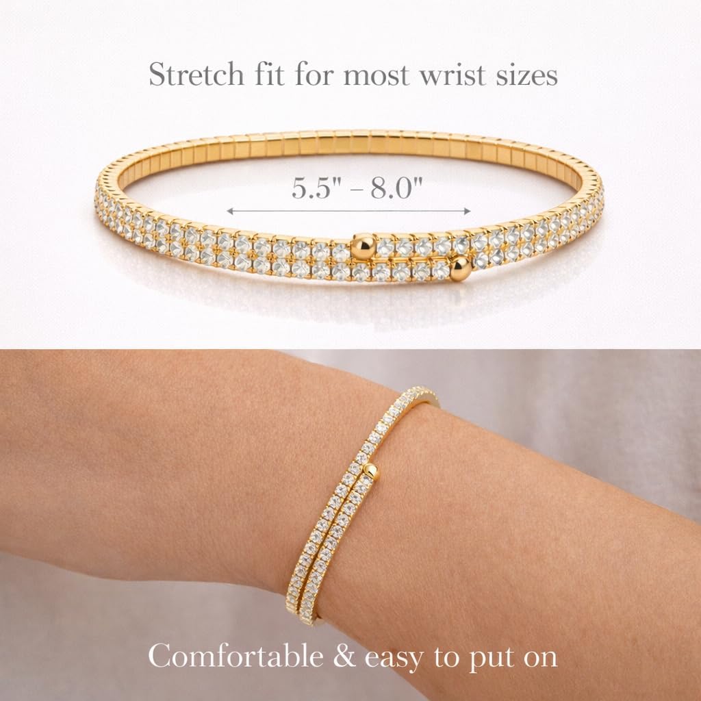 Stretch Tennis Bracelet for Women – Gold Stretchy Bracelet with Crystal Accents, Minimalist Elastic Stackable Jewelry