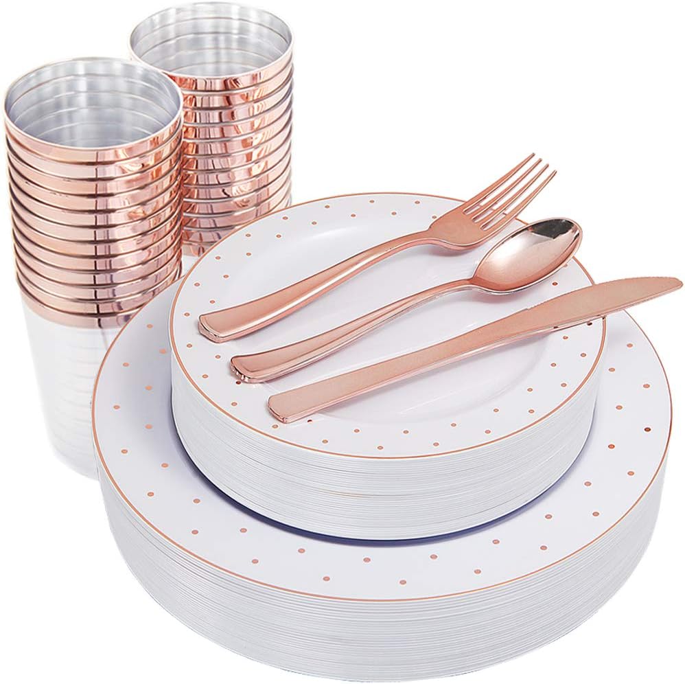 I00000 150 Piece Rose Gold Disposable Dinnerware Set-50 Rose Gold Plastic Plates Disposable-25 Rose Gold Plastic Silverware-25 Rose Gold Plastic Cups for Party Wedding
