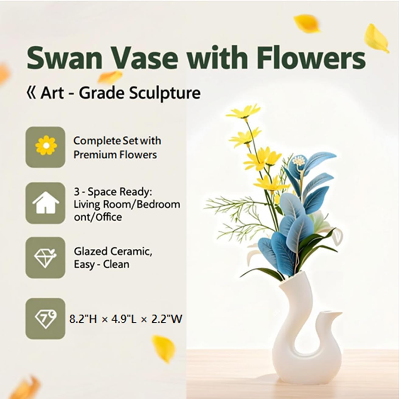 Swan Vase with Faux Flowers - White Ceramic Vase Set, Farmhouse & Modern Home Decor, Artificial Floral Arrangement for Dining Table Centerpiece, Living Room, Office Desk Decor, Entryway