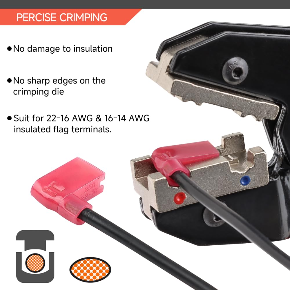 HKS Herramienta de crimpado para terminales de bandera aislados, crimpadoras de alambre de trinquete, AWG 22-14 (0,5-2,5 mm²), crimpadora de terminales de trinquete, herramienta de crimpado eléctrica