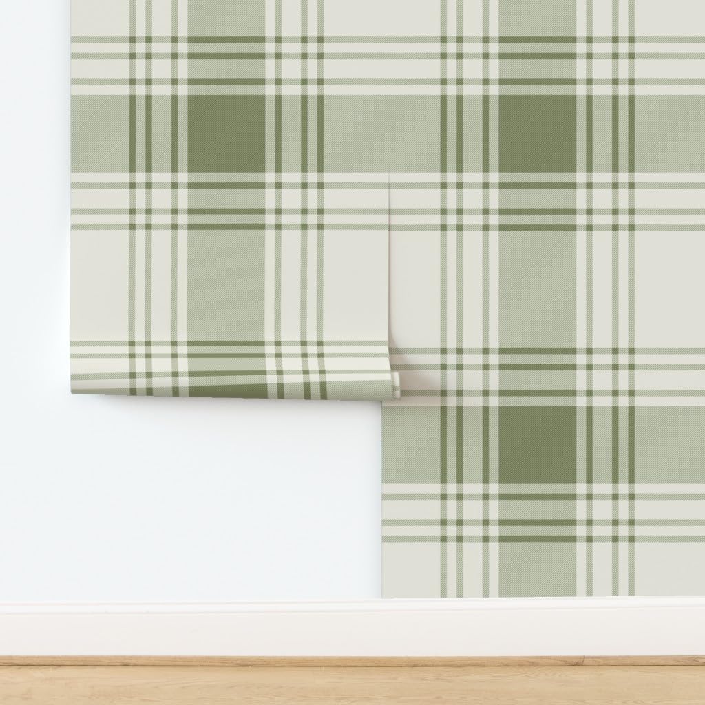 Peel & Stick Wallpaper 6ft x 2ft - sage Green Plaid,Large Scale,Simple Check,Heritage Classic,Farmhouse Tartan Custom Removable Wallpaper by Spoonflower