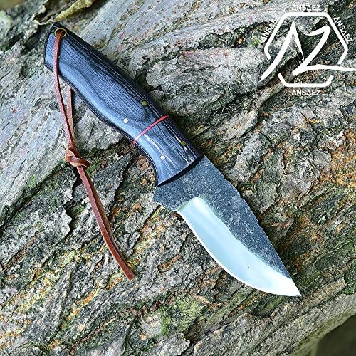 Zeasna Ze-Hk-51 Handmade High Carbon Steel Knife With Leather Sheath Outdoor Full Tang Fixed Bushcraft Knife For Hunting Camping Skinning With Lanyard Hole Wood Handle (Black) #TOP3