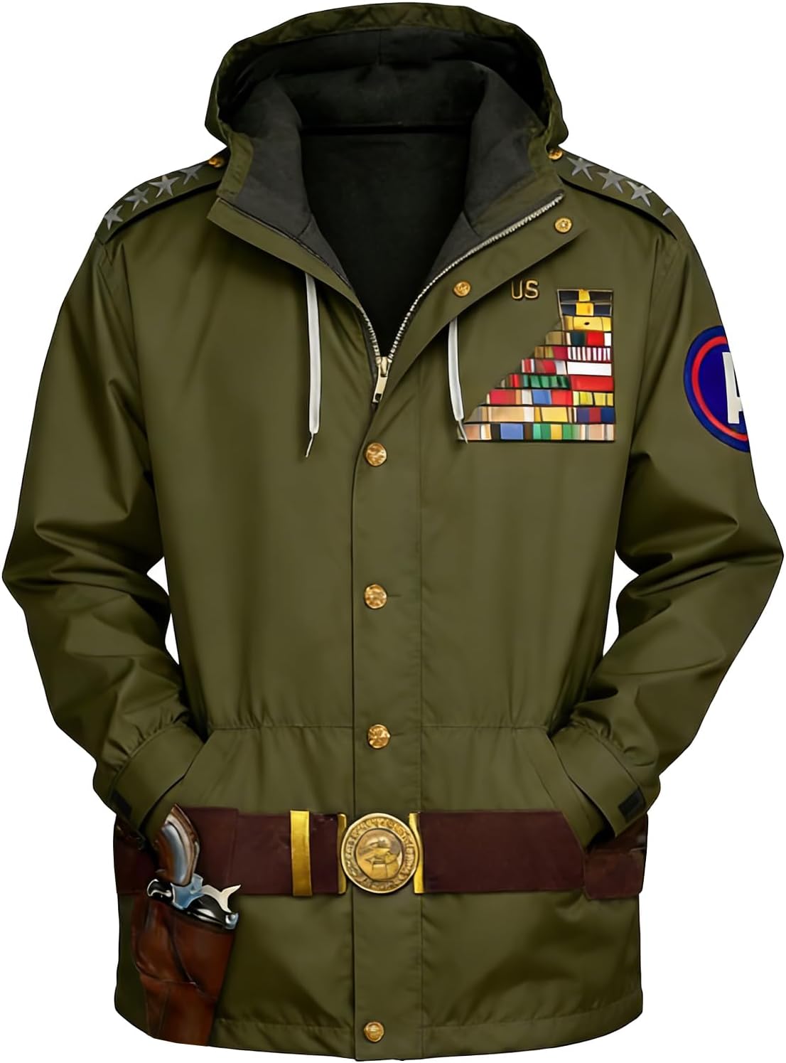 Historical Military Printed Waterproof Hooded Jacket Windbreaker Lightweight Raincoat for Outdoor Hiking Travel