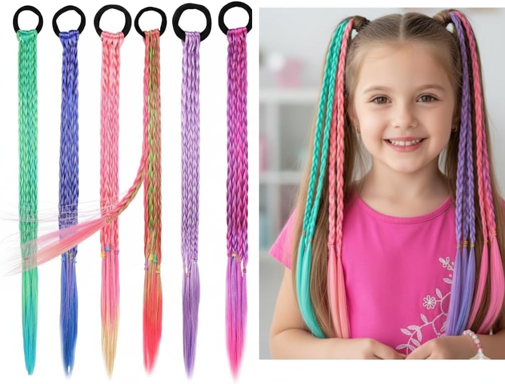 6 PCS 12inch Colorful Braided Hairs Extensions for Girls, Ponytail Hair Pieces with Rubber Bands, Fun Kids Hair Accessories for Parties and Crazy Hair Day