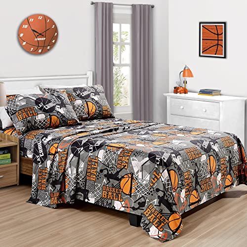 Chezmoi Collection 4-Piece Kids/Teens Basketball Sheet Set - Soft Microfiber Gray Orange Black Printed Sports Basketball Slam Dunk Fun Kids Sheets, Full Size #TOP7