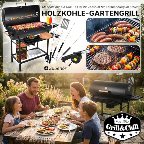 Five-Star Grill&Chill Holzkohlegrill mit Deckel – Großer Grillwagen mit Chromrost 71×35 cm & Thermometer – Für Garten & Terrasse – Aschekasten, Lüftungsöffnungen, 2 Räder
