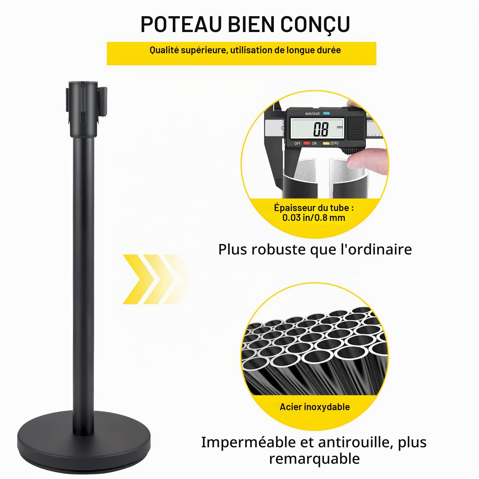 VEVOR Poteau de guidage, 4 pcs, barrière de balisage pour contrôle de foules avec sangle rétractable noire 2 m, ruban de barrière, support de barrière avec base en béton et métal, pour théâtre, hôtel