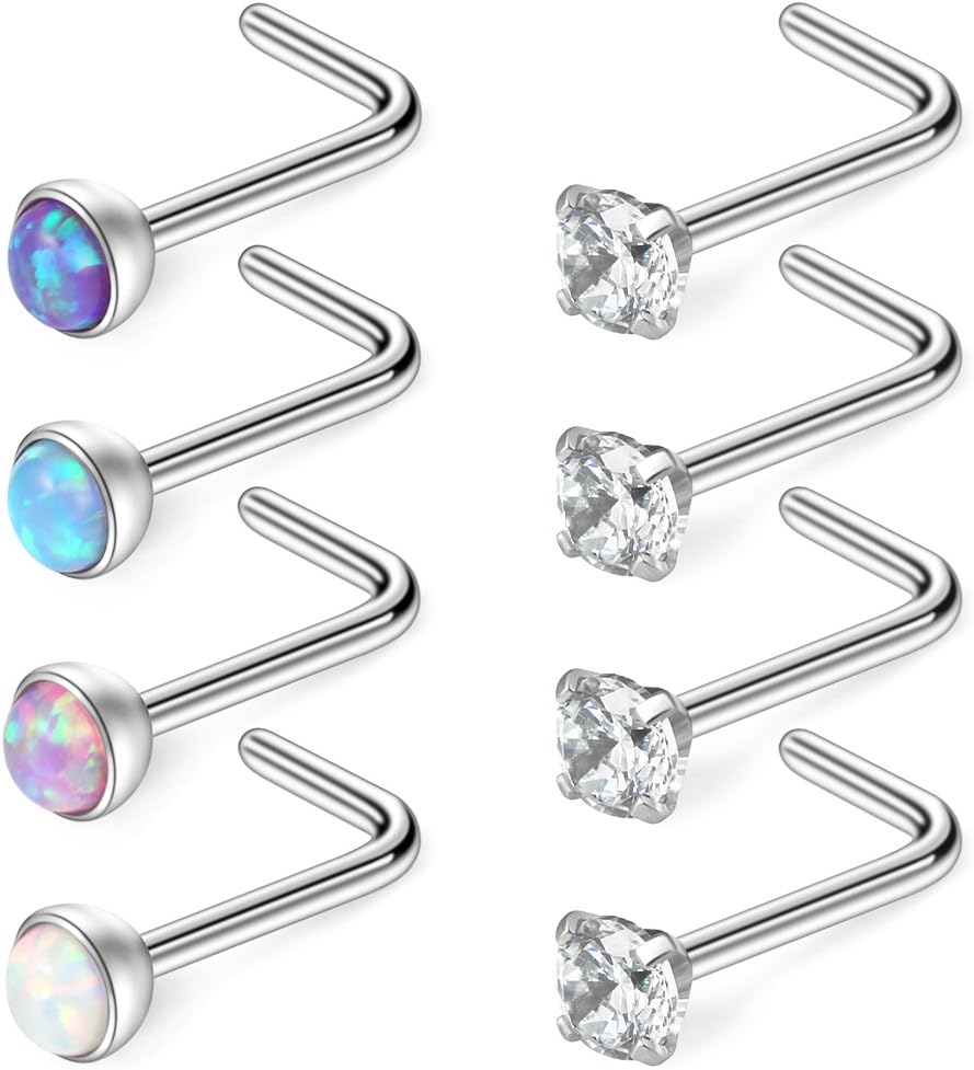 RuifanRuifan 18G 316L Surgical Steel 1.5mm 2mm 2.5mm 3mm Jeweled Opal & Clear CZ Nose L-Shaped Rings Studs Ring Body Piercing Jewelry 8-16PCS