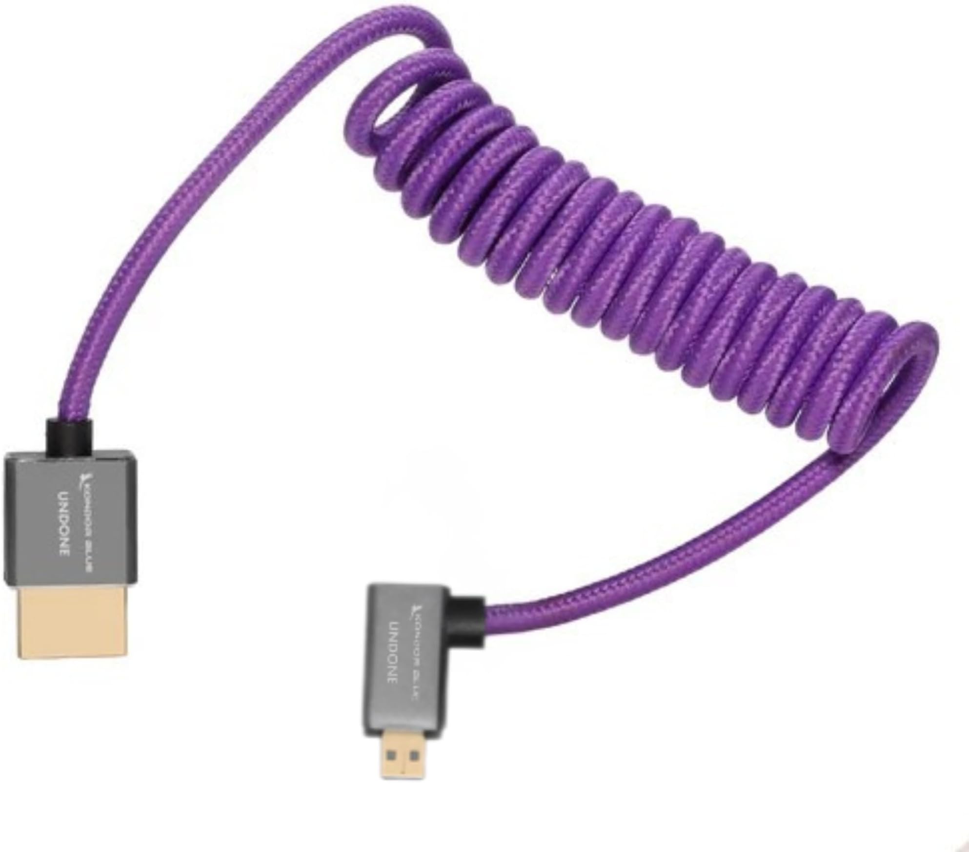 KONDOR BLUE x Gerald Undone | Left Angle Micro HDMI (Type D) to Full HDMI 2.0 Coiled Cable 12”-24” Braided | 4K 60Hz 18Gbps HDR, 3D, Reinforced | for On-Camera Monitors & Recorders + More | Purple